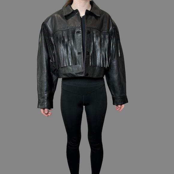 Re/Done Black Leather Fringe Jacket Drop Shoulder Women's Small NWOT - Picture 3 of 16